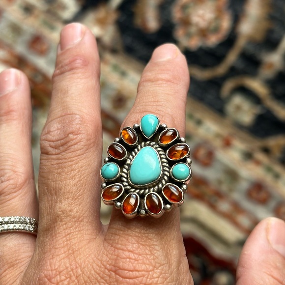 925 and genuine turquoise and amber stone adjustable cluster ring - Picture 8 of 13
